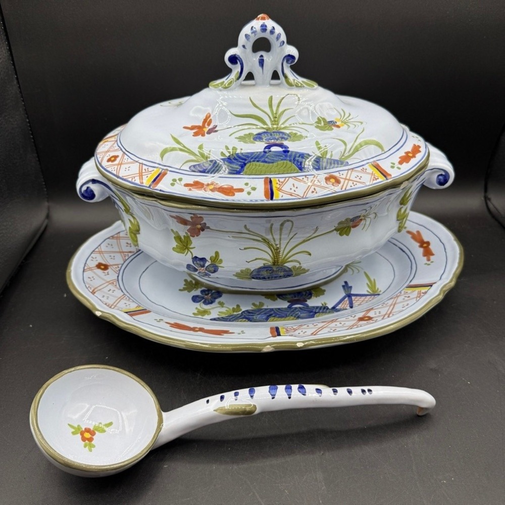 Vintage Garofano Faenza Soup Tureen Platter Ladle Set of 3 Italy Blue Carnation